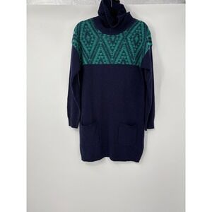 WoolOvers Lambswool Turtleneck Sweater Navy Teal Geometric Tunic XS Pocket